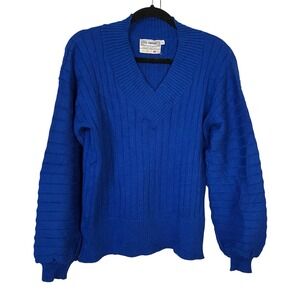 Vintage Eyepoppers Sweater Womens M Bright Blue Stripe V-neck Puff Sleeve Y2K